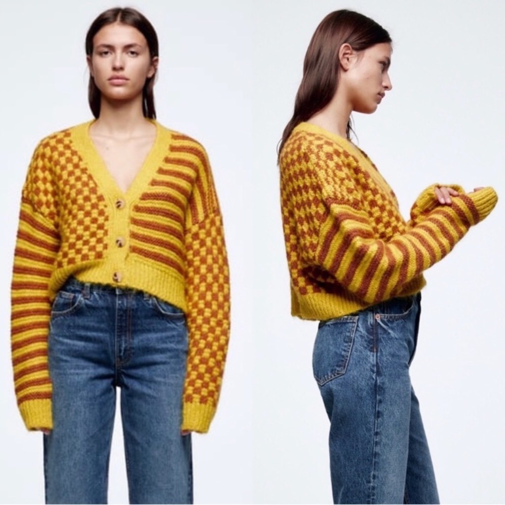 ZARA Bloggers Favorite Combination Jacquard Knit Cardigan Yellow Mustard c3. - Picture 9 of 16